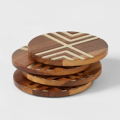Factory Set Of 4 Custom Shape Natural Acacia Wood Drink Coaster Set For Drinking Glasses
