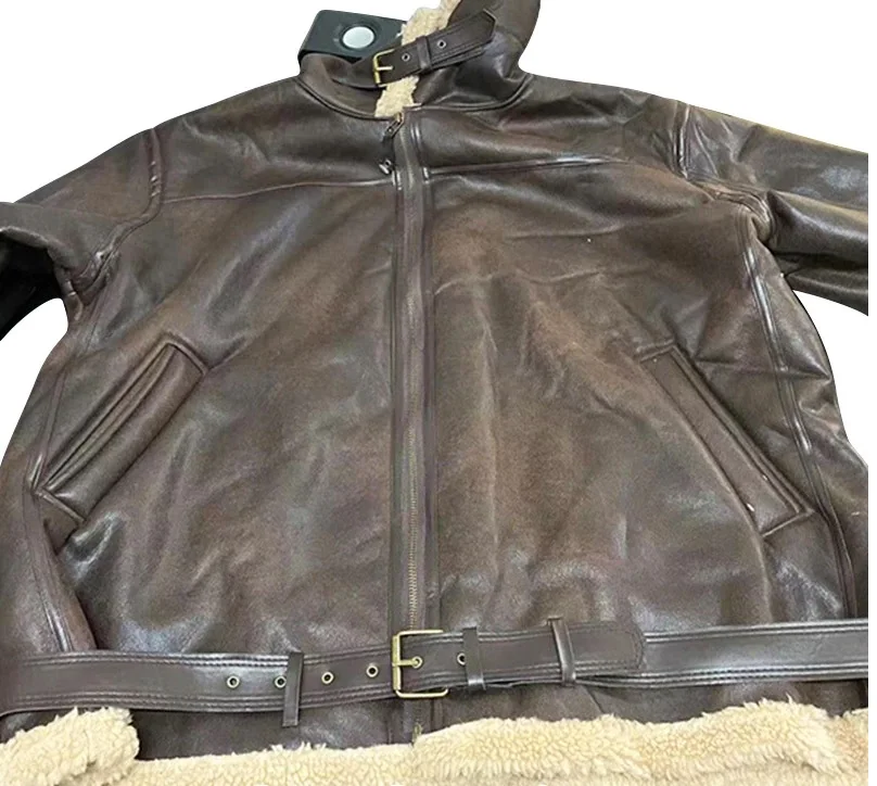 RAF Sheepskin Fur Coat Mens B3 Bomber Jacket Men Shearling Coat Aviator Pilot Brown Bomber Fur leather jacket