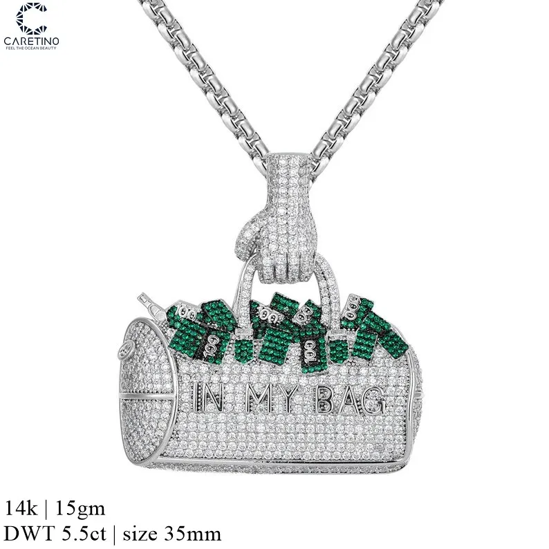 Green Dollar Bills Money In My Bag Pendant 3D Icy Hip Hop Custom Charm Fully Icy Stainless Steel Chain Mens Bling Rapper