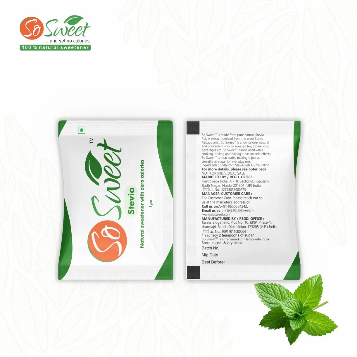 Factory Hot Sale 1kg Sweetener Stevia Powder Natural Stevia Sugar Sachets Stevia Sachets | Private Labelling Available
