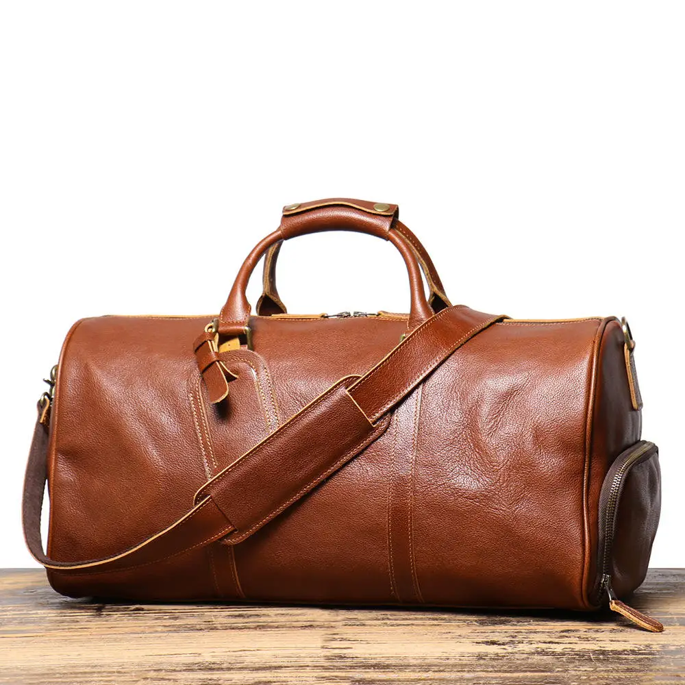 Genuine Leather Shoes Compartment Travel Overnight Duffle Bag Men Women | Custom Made Travel Genuine Leather Duffel Bags
