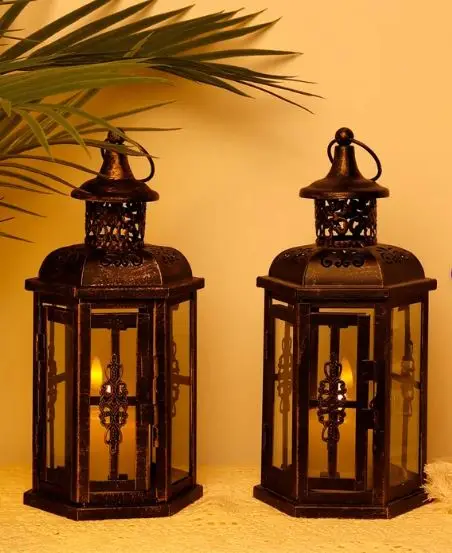 Decorative candle lanterns set of 2 metal votive candle holder for Christmas decor