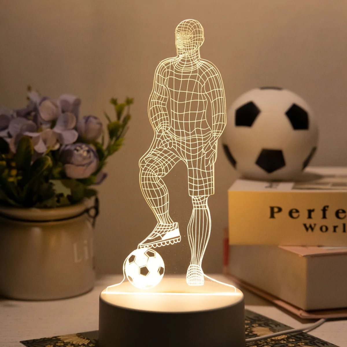 Football Player Shape Soccer Table Lamp with 3D Acrylic Plate USB Indoor LED Night Light for Bedroom Bedside Decoration