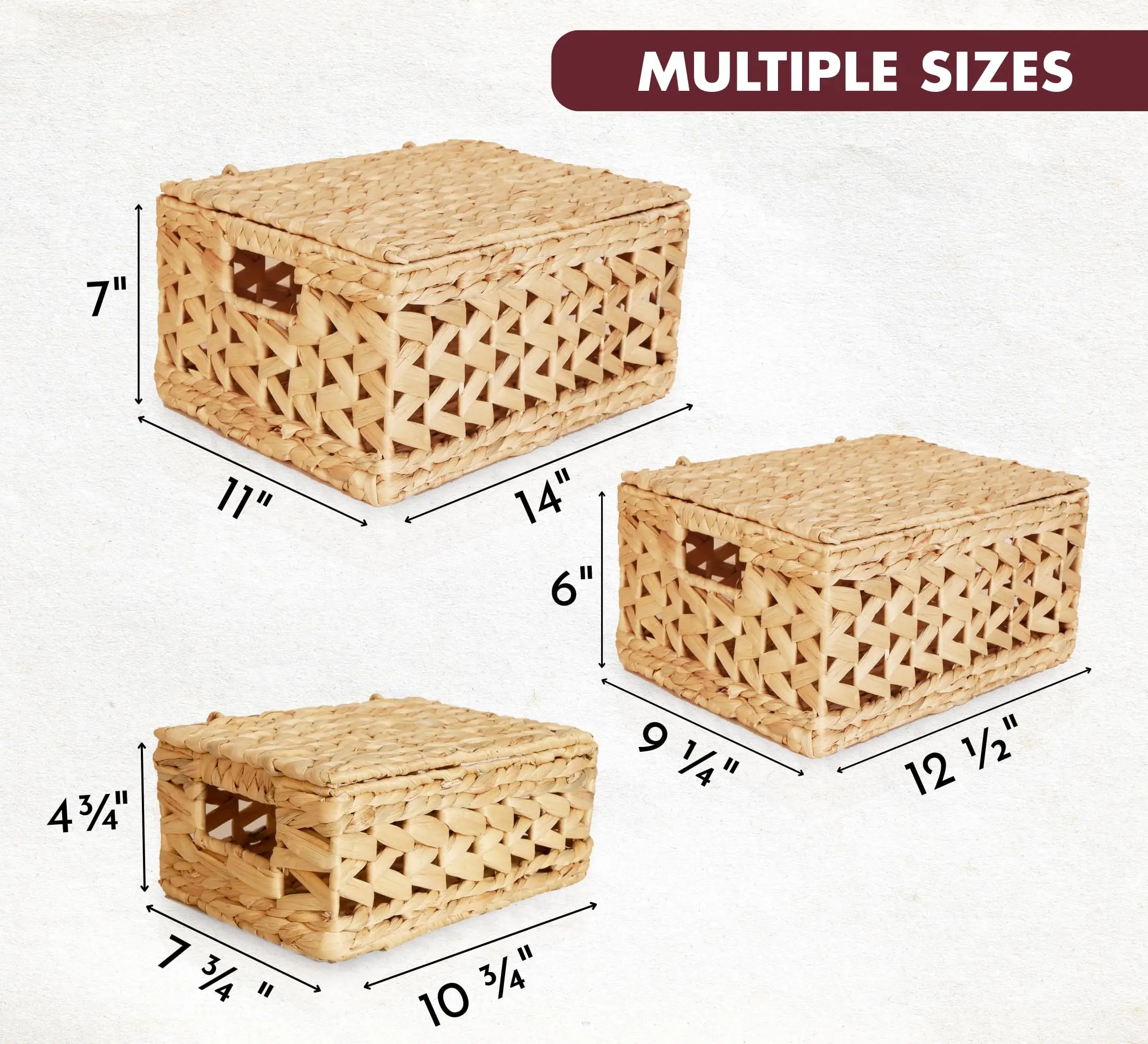 Wicker Storage Baskets with Lids, Set of 3 Rattan Lidded Hyacinth Baskets for Organizing Woven Large Rectanguarlar Basket Boxes,