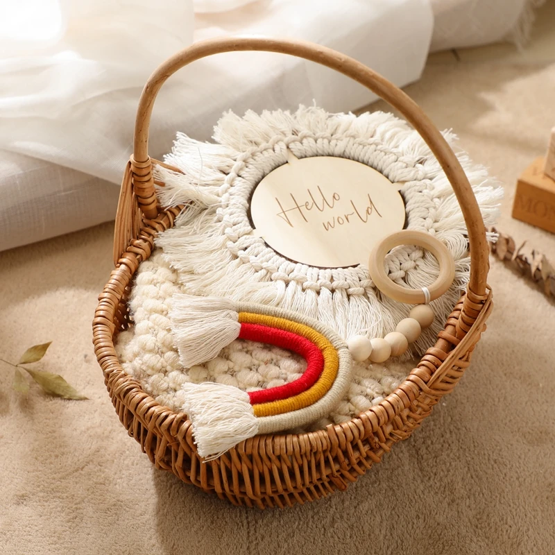 Wooden Milestone Newborn Baby Birth Monthly Wood Milestone Card Tassels Boho Style Newborn Photography Props Set