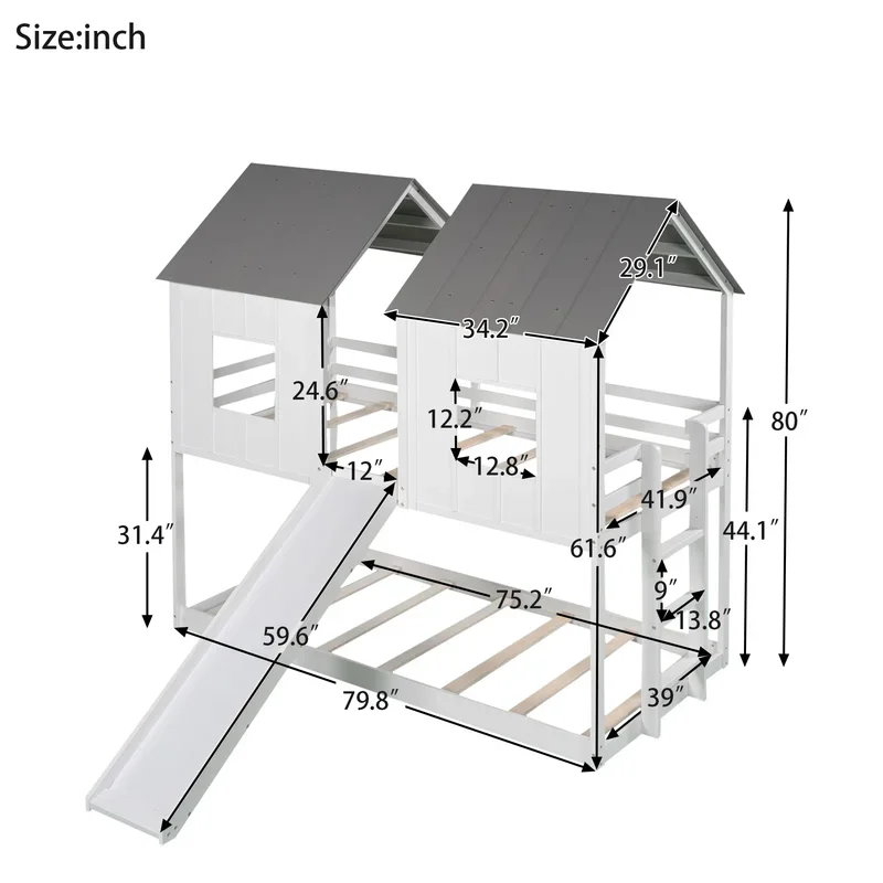 GOODFRIENDSHIP Double Roof Bed with Slide, Twin Over Twin Bunk Bed with Windows and Roof, Ladder and Guardrails