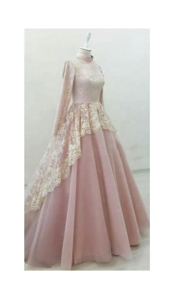 Pink Muslim Evening Dresses Lace Long Sleeves High Neck Saudi Modest Islam Prom Wedding Gowns 2023
