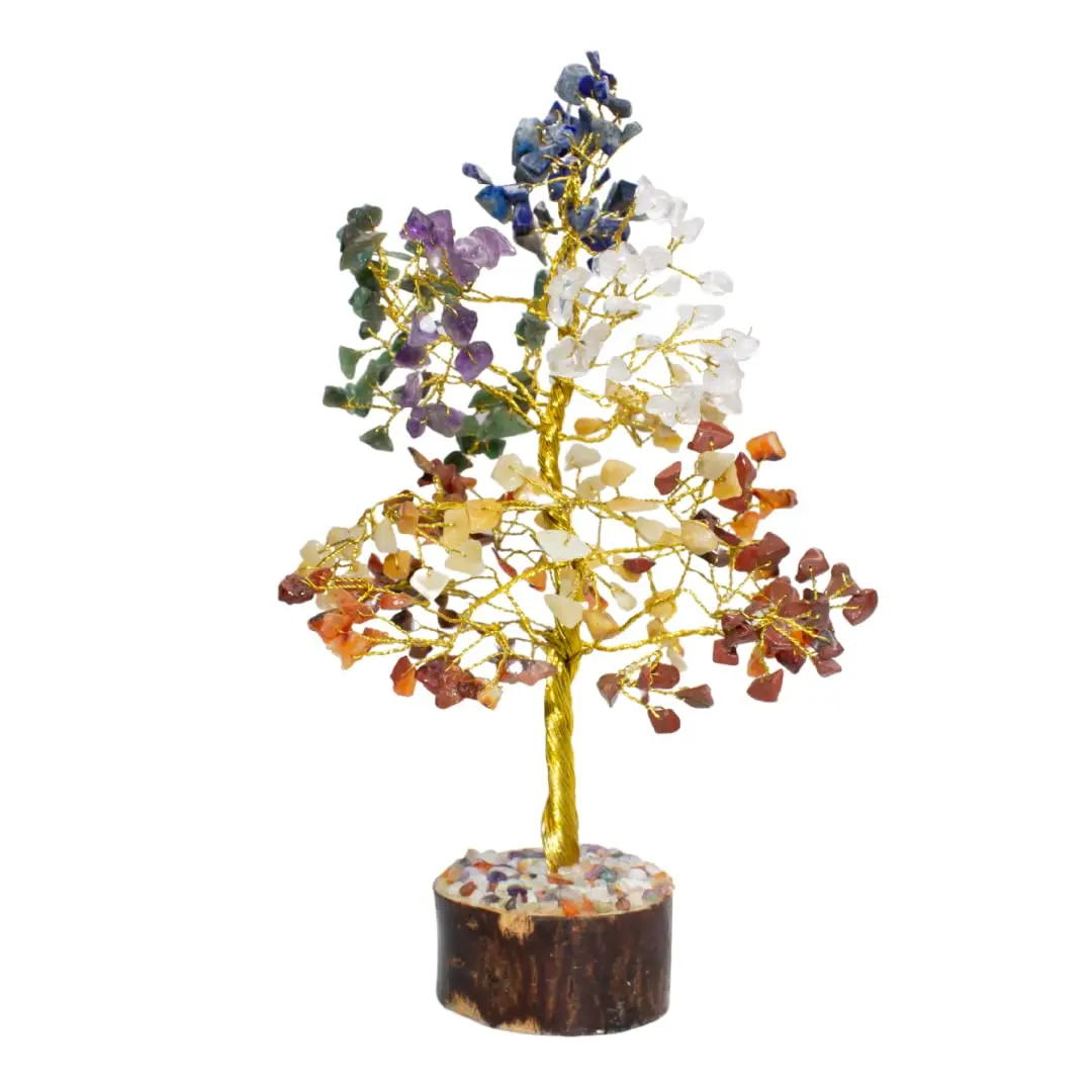 Seven Chakra Tree Gemstones Wealth Good Luck Feng-Shui Reiki Healing Bonsai with Golden Wire Home Decor