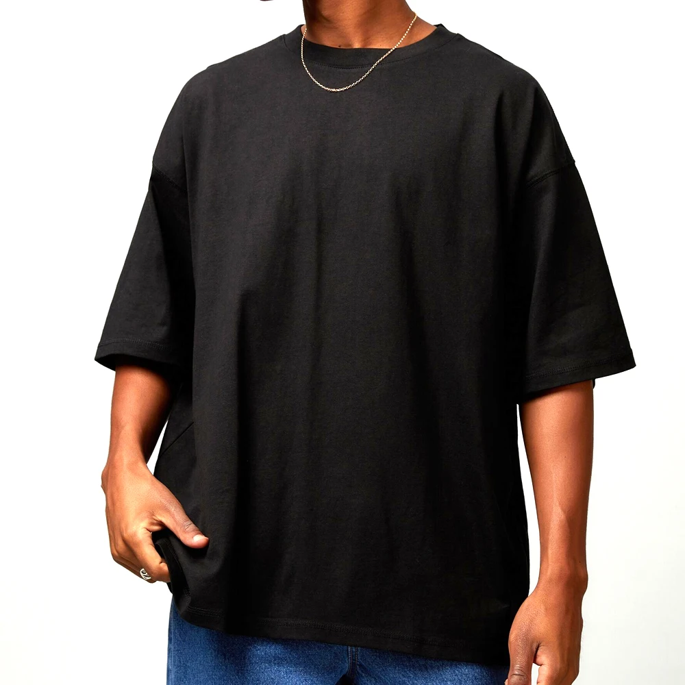 Factory Wholesale Custom Thick Collar Cotton Tshirt black Solid Boxfit Blank Tee Men Black Boxy Fit T Shirt