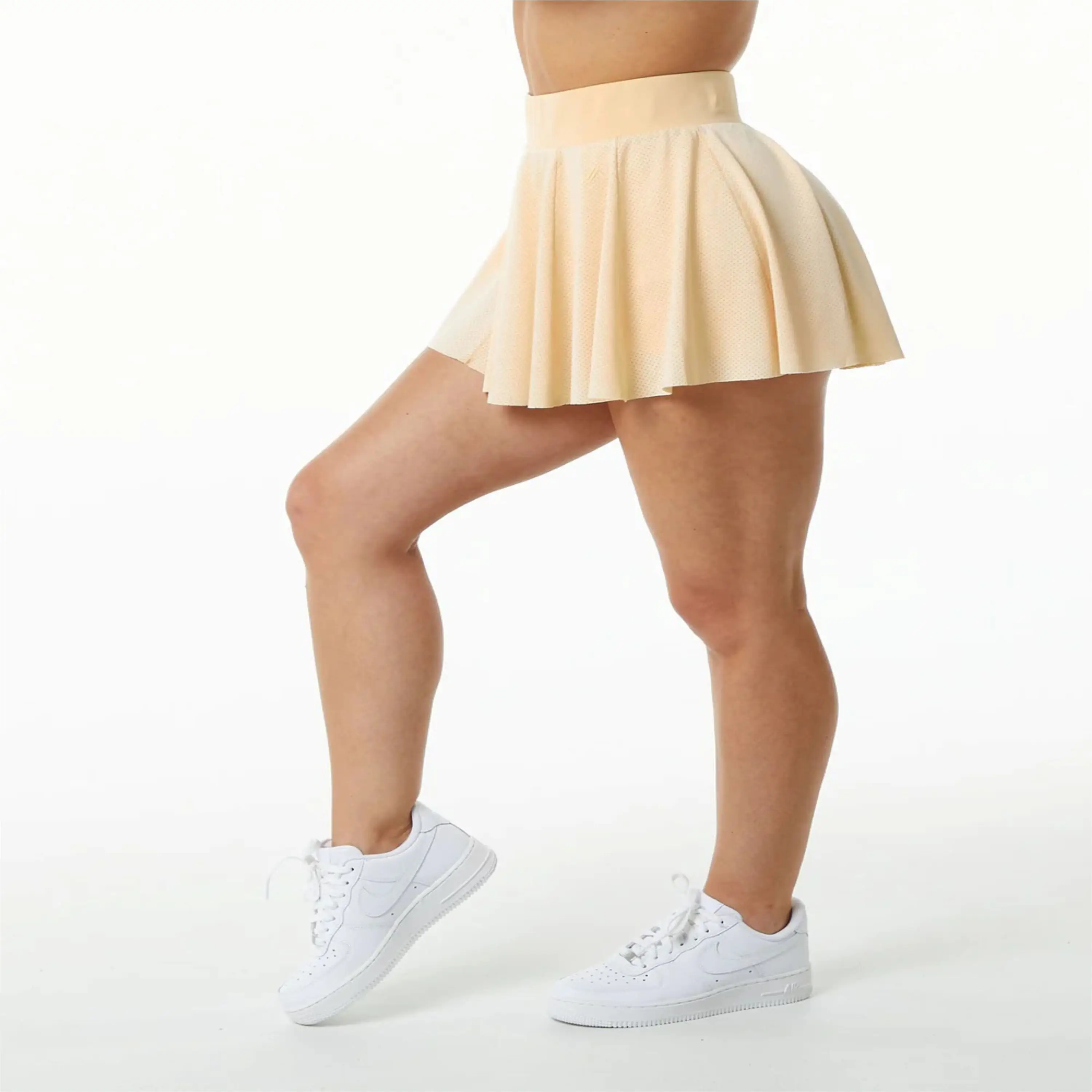 100% Polyester Jersey Knit Womens Compression Lined Mesh High Waisted Tan Skirt with Compression Lined Short