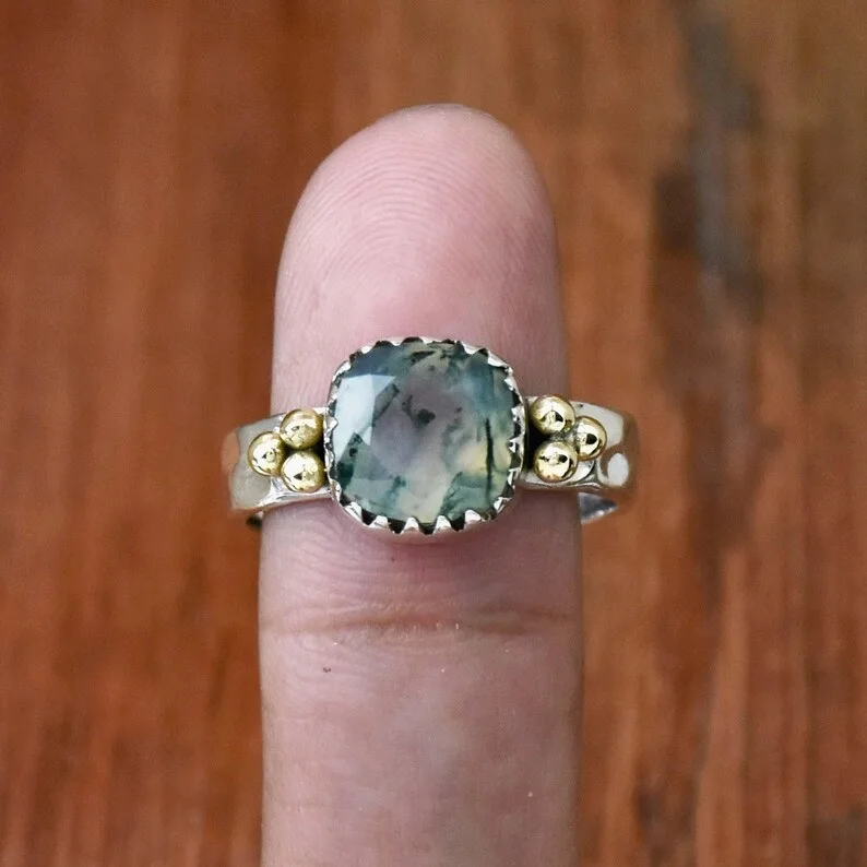 Кольцо из мха и агата 925 стерлингового серебра подушка драгоценный камень эффектное кольцо украшенное бисером обручальное подарок для нее