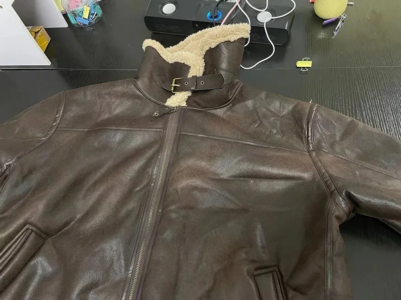 RAF Sheepskin Fur Coat Mens B3 Bomber Jacket Men Shearling Coat Aviator Pilot Brown Bomber Fur leather jacket