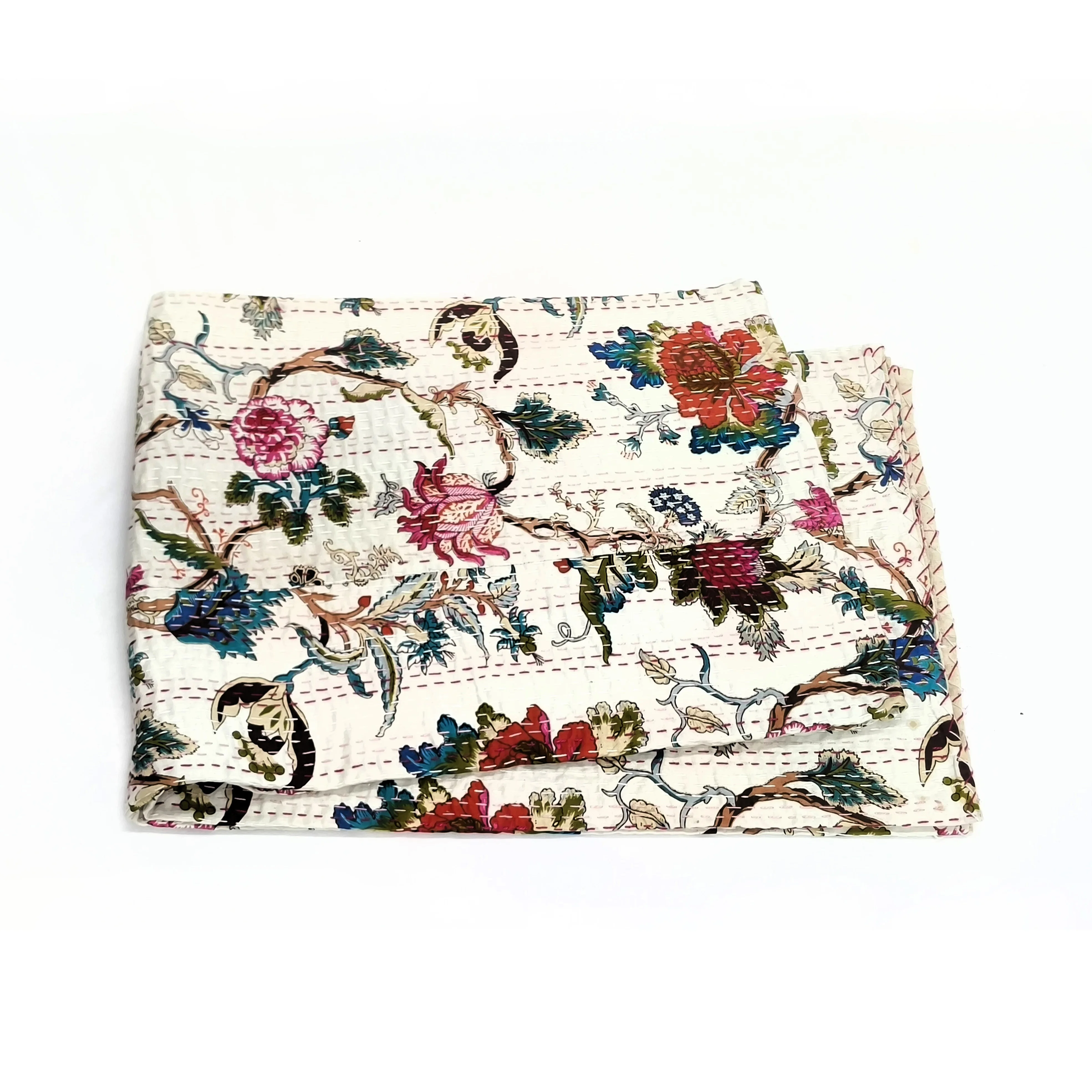 Handmade Vintage Reversible Bedspread Embroidered Patchwork Kantha Quilts for Home & Hotel Decor Filled Cotton Adults Travelers