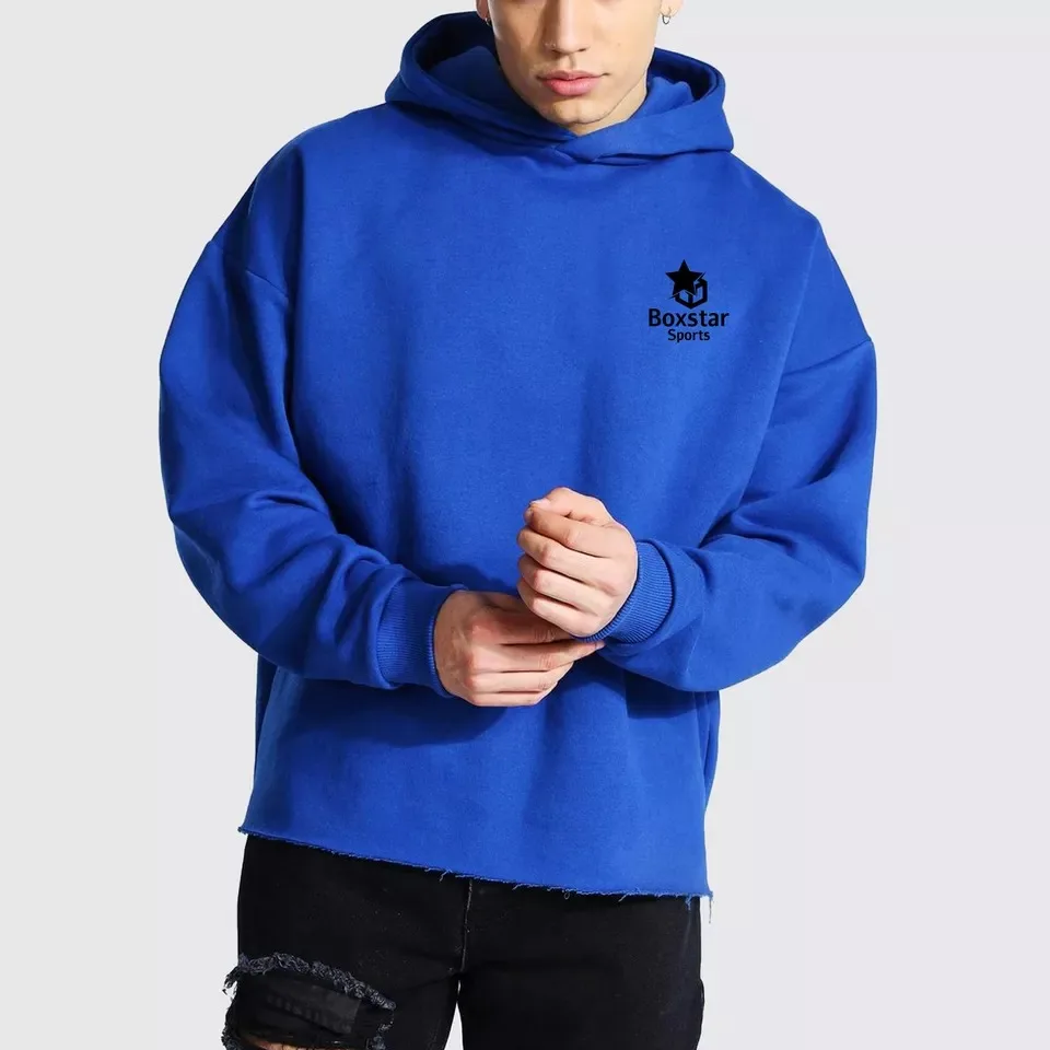 High Quality Grey Men Blank Raw Hem Hoodies 100% Cotton French Terry No Pocket Oversized Hoodie