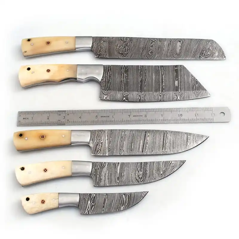 High Quality Custom Logo Kitchen Knife Set New Design Stainless Steel Chef Knife Damascus Metal Handle Wooden Block Cutting
