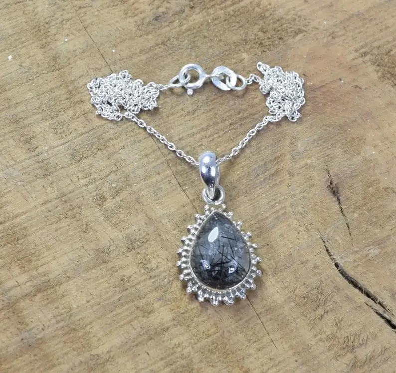 Rutile 925 Sterling Silver Black Rutile Gemstone Elegant Pear Pendant chain  Handmade Jewelry  Rutile Gift For Valentine Day