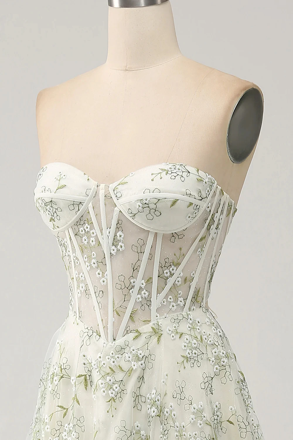 Elegant A-Line Light Green Corset Slit Prom Dress with Embroidery See Through Strapless Long Evening Dress with Lace-Up Back