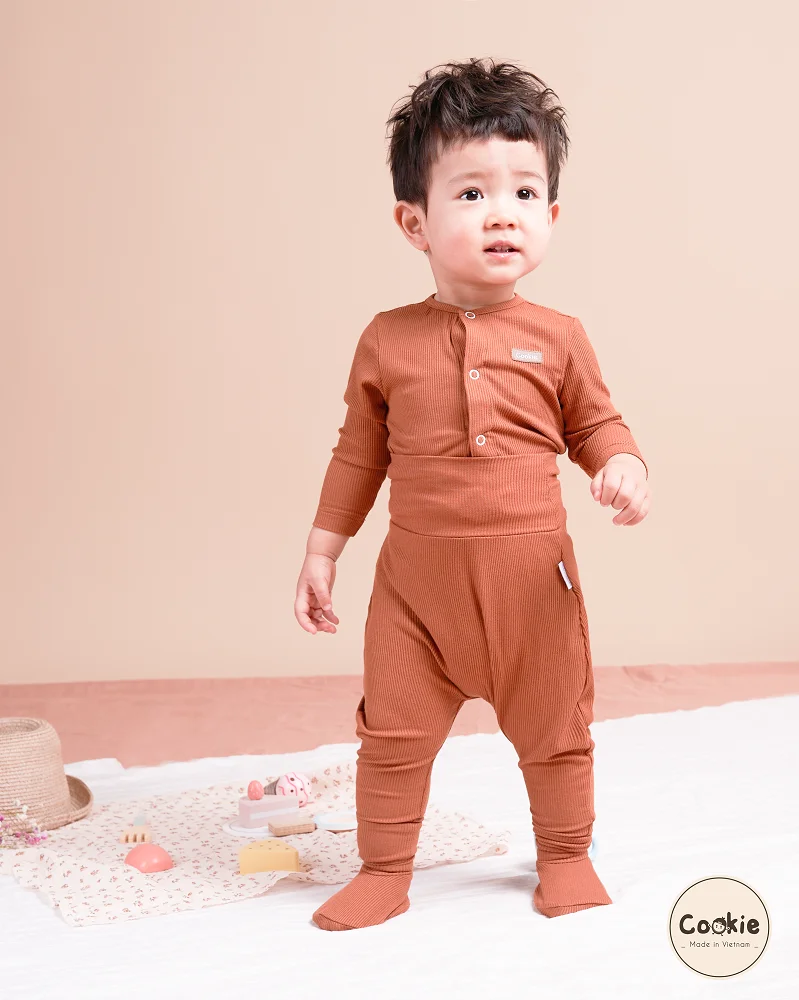 Low MOQ CF button placket long sleeve top & high-waistband pants Newborn Unisex Baby Set Made in Vietnam
