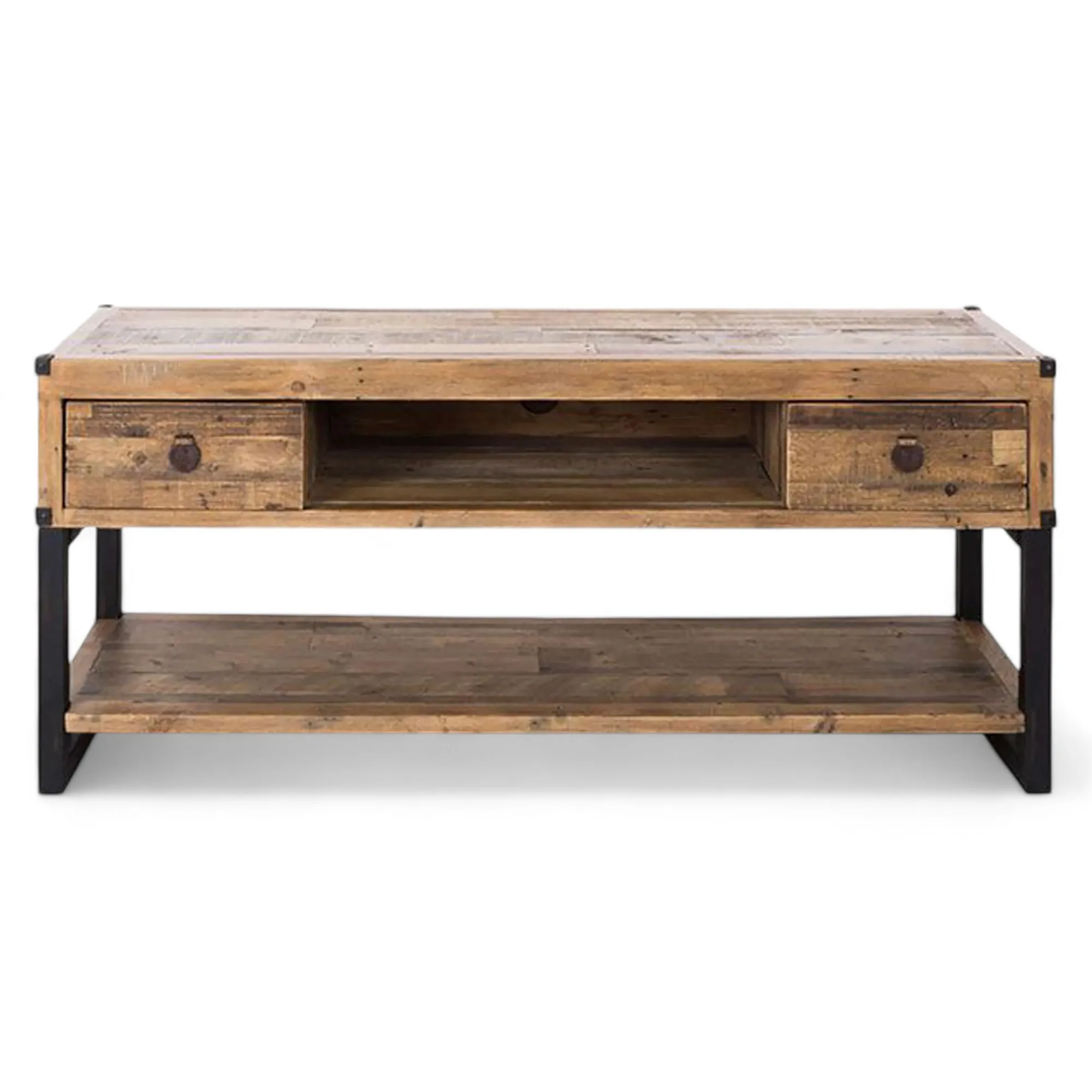 Contemporary 2-Drawer TV Stand Open Space Storage DVD Player Sturdy Solid Wood Metal Modern Design Home Office Living Room