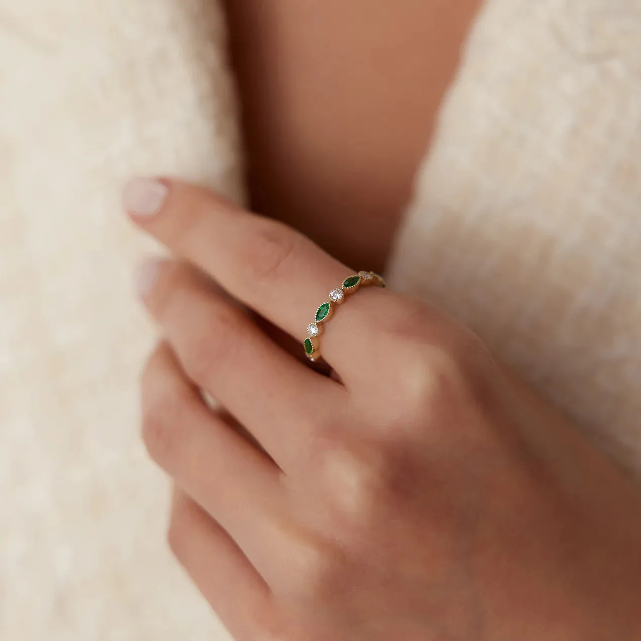 Marquise Emerald and Diamond Wedding Silver Band 925 Sterling Silver Minimalist Wedding Ring for Women