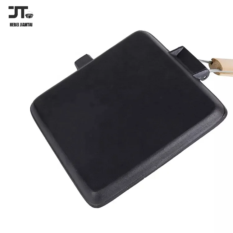 Multipurpose Steak Frying Pan, 28cm Cast Iron Non-Stick Grill, Deep Square Griddle Pan with Folding Wood Handle Cooking Pans