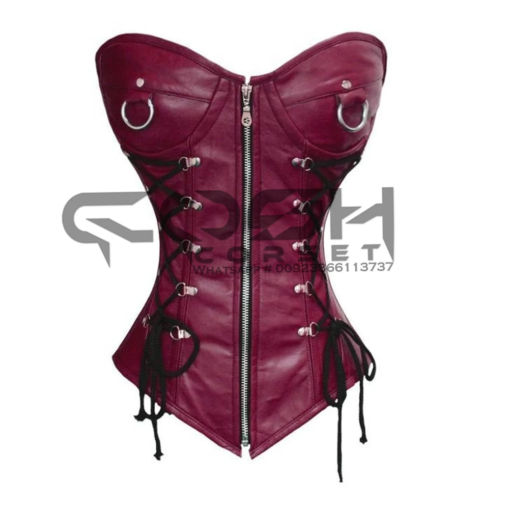 COSH CORSET Overbust Steelboned Burgundy Leather Corset With Hardware And Black Laces Dress