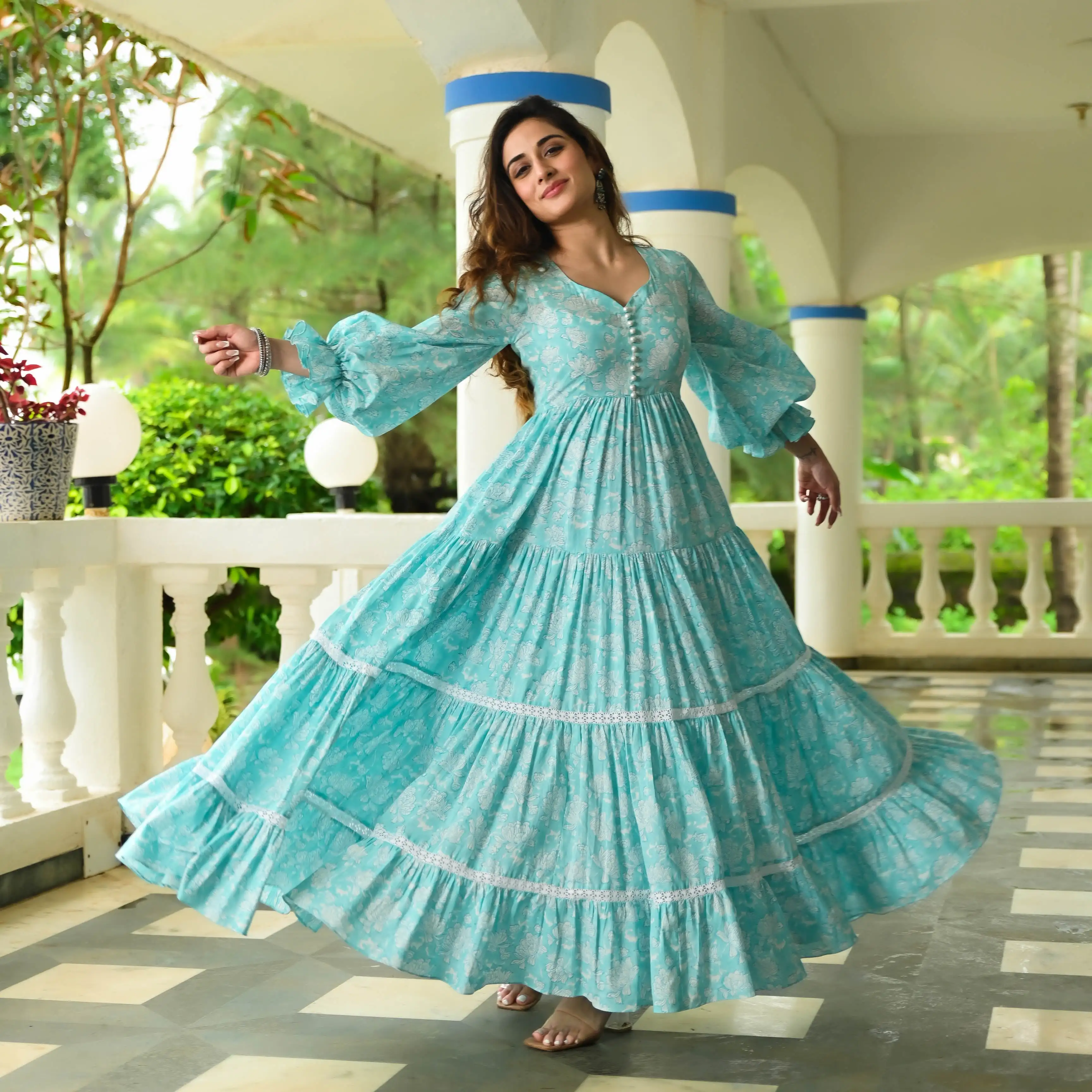 Модные индийские платья для женщин цветочный принт длинный рукав v-образный вырез длина в пол вечернее платье Макси