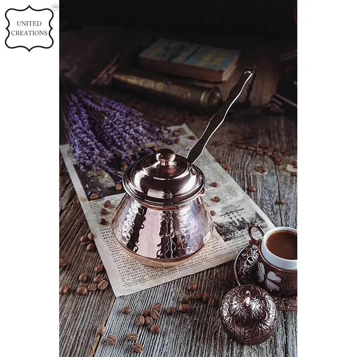 Traditional Turkish Coffee Pot Copper Color Engraved Copper Coffee Pot Metal Cups Brushed Copper