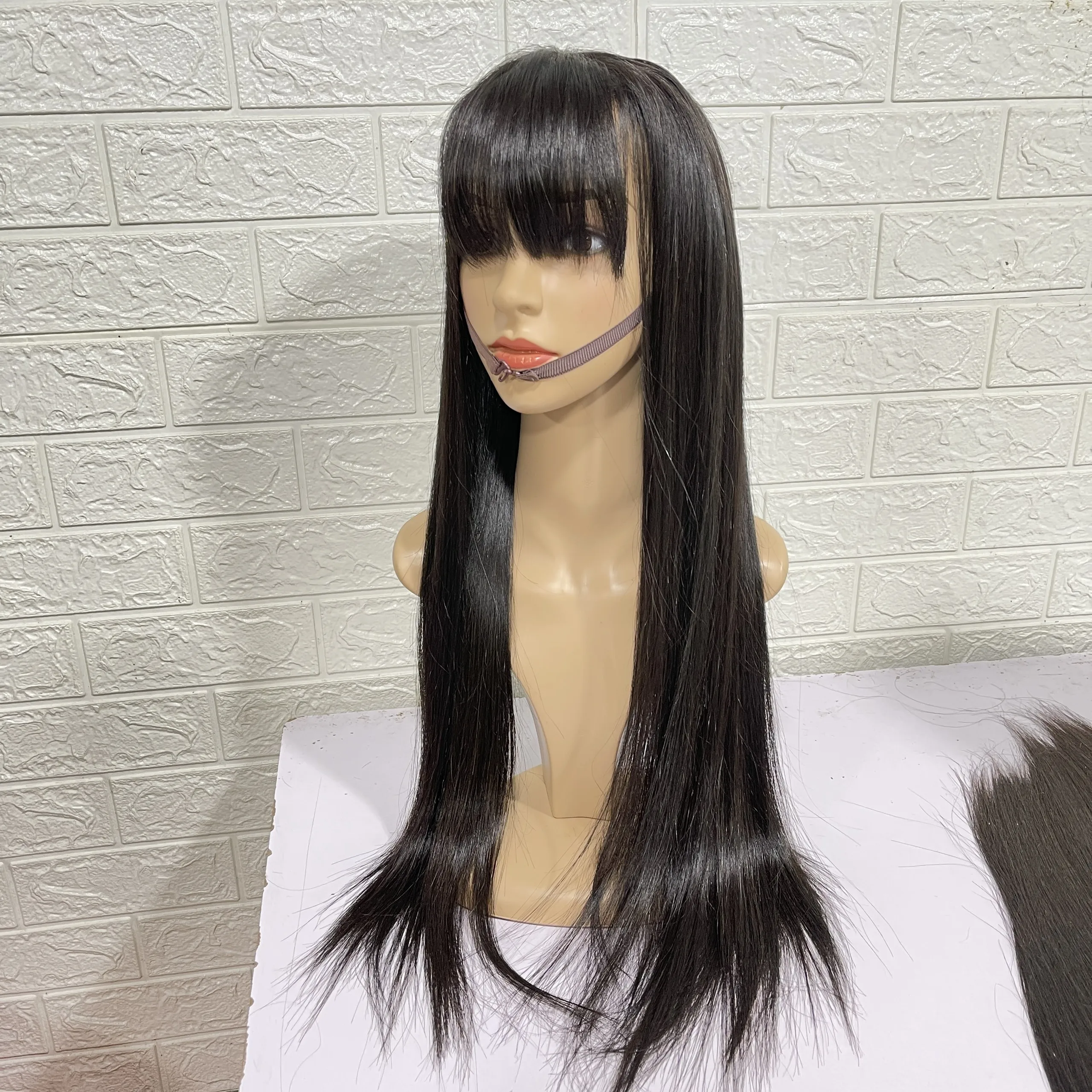 100% REAL HUMAN HAIR Straight Bones, Wig With Front Bangs