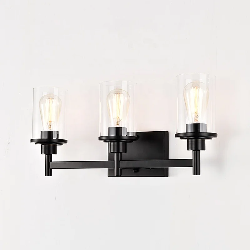 Modern 3-Light Fixture Wall Mounted Matte Black Lighted Mirror Vanity Lights For Bathroom