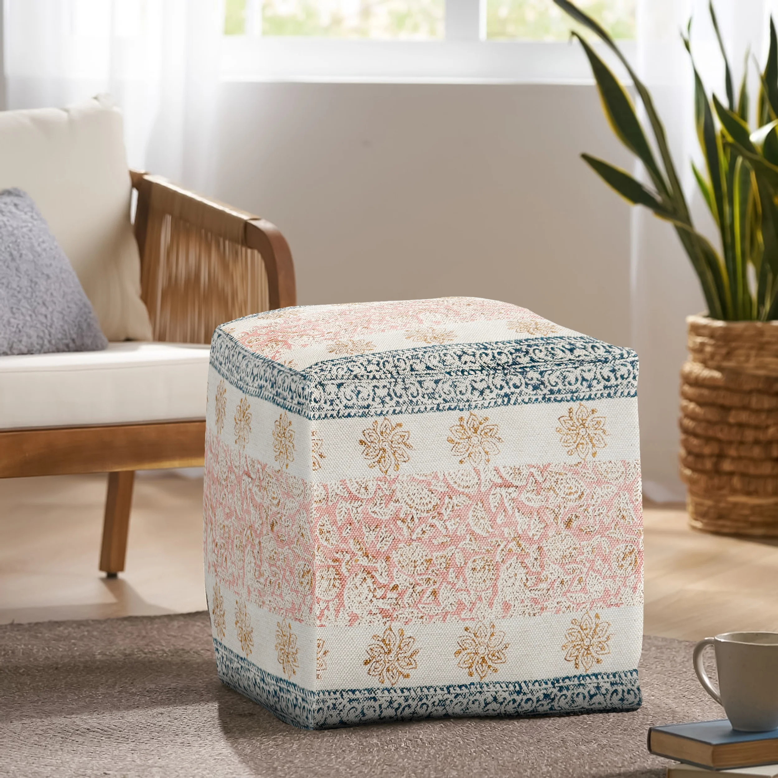Flower Pattern Design Pouf With Great Embroidery Work and  100% Cotton Material Poufs for Living Room Decoration Decoration