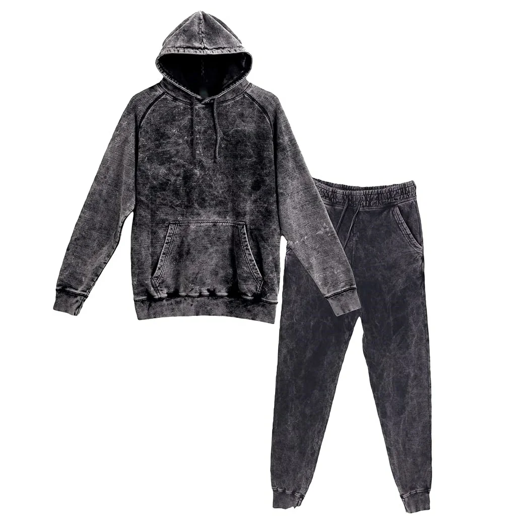 Vintage Street wear Fleece Cotton acid wash Tracksuit breathable hoodie and Jogger Set Custom Acid Wash Tracksuit 2024