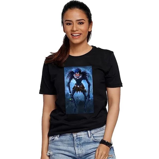Soft Lady Fabric T-Shirt Black with Machine Printed Logo Comfortable Short Length Half Sleeves round Neck-Customizable