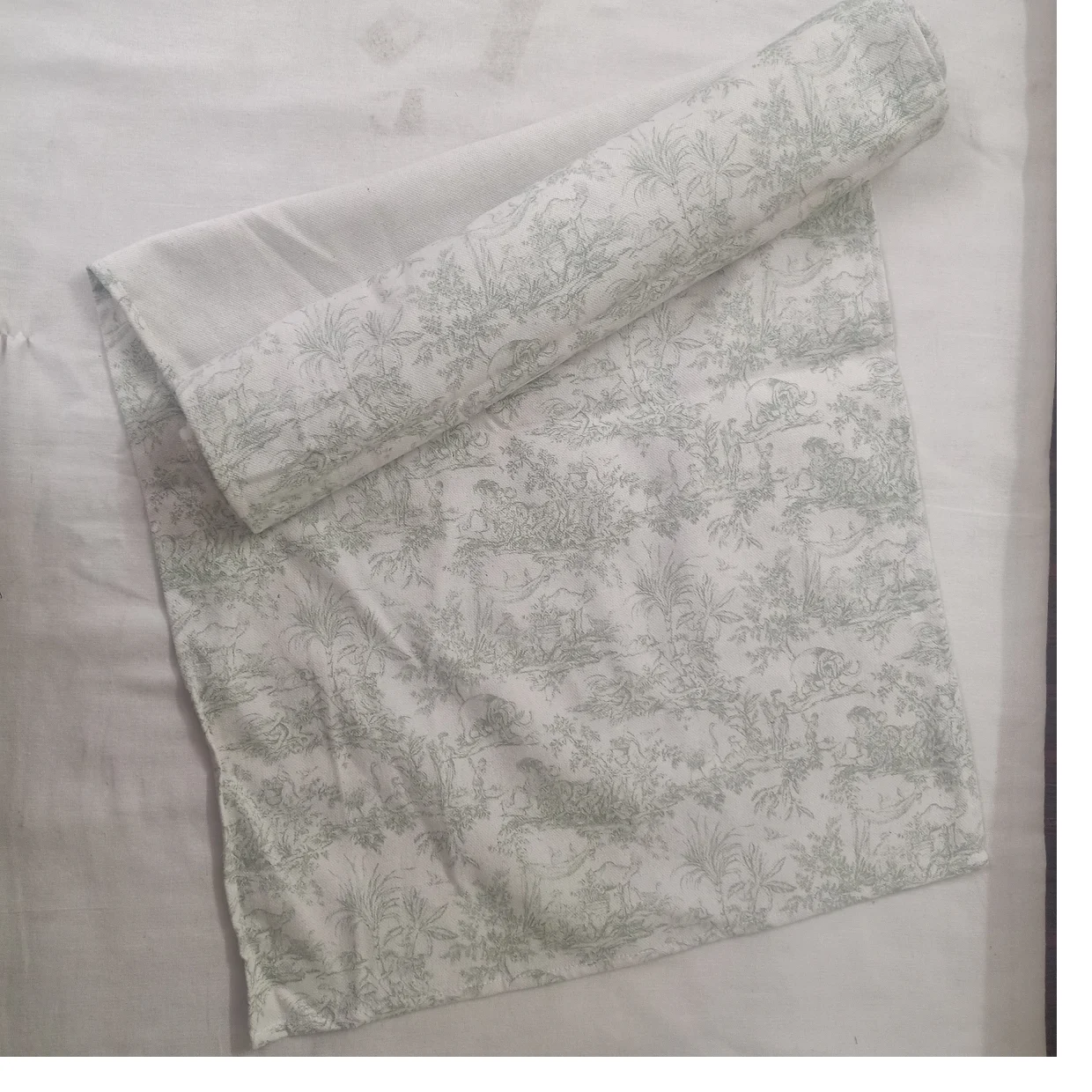 custom made cotton toile printed fabrics with vintage prints in sage green colors ideal for resale by fabric stores and homes