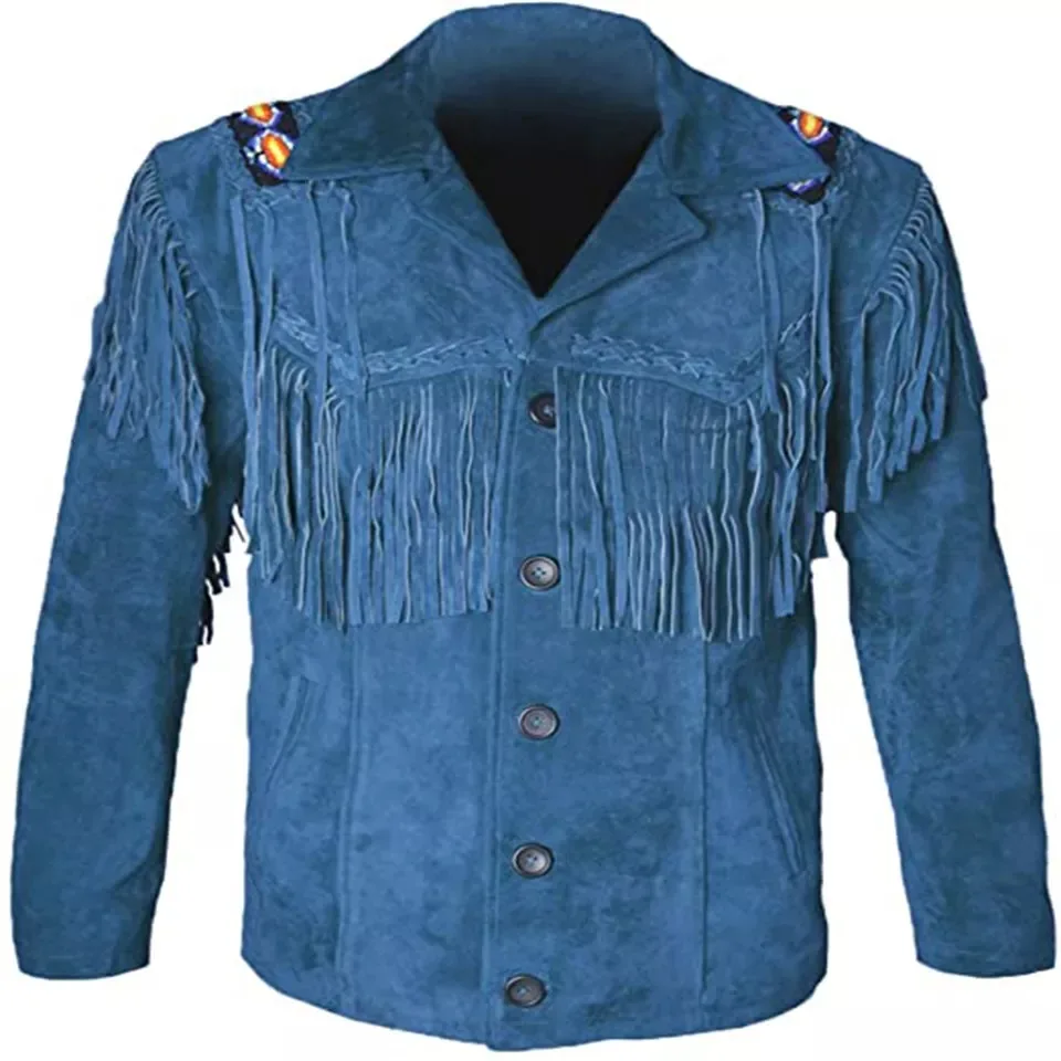 Best Selling Men Western Style Fringed & Beaded Black Color Tassels Cowboy Leather Jacket
