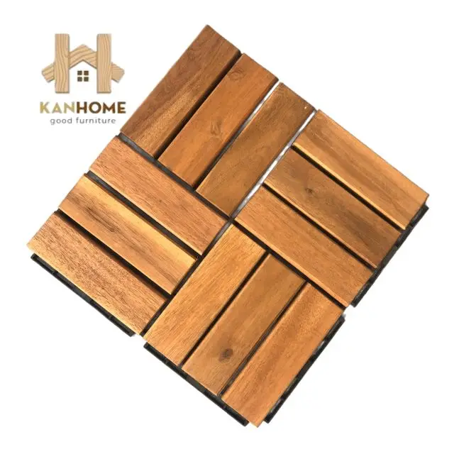 Kanhome Snap Together Wood Flooring 12 slats Acacia Outdoor Flooring for Patio Click Floor Decking Tile Garden Pathway 19mmThick