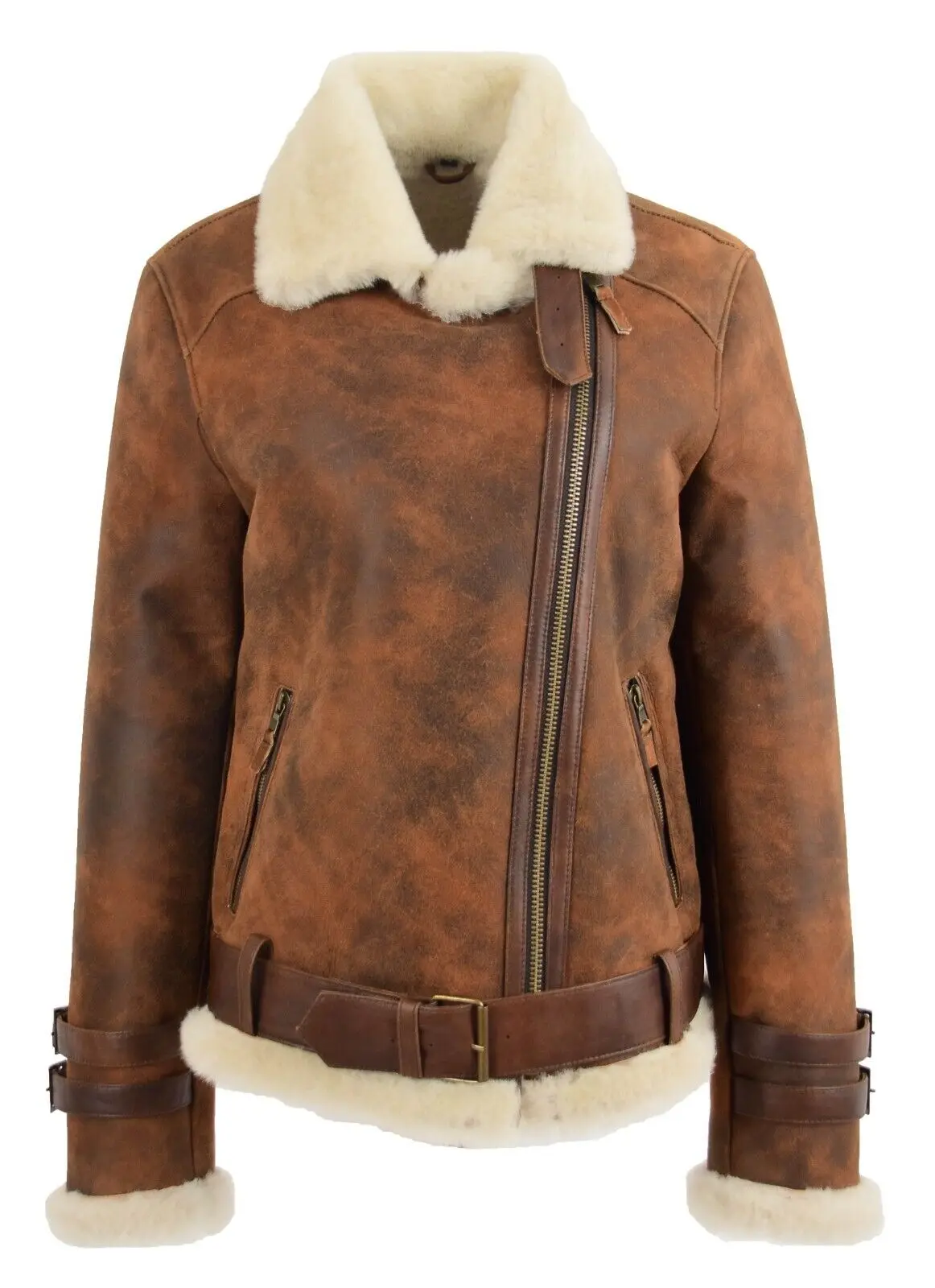 new arrival women Real Sheepskin Flying Jacket Antique Brown Genuine Shearling Aviator leather jacket Coat