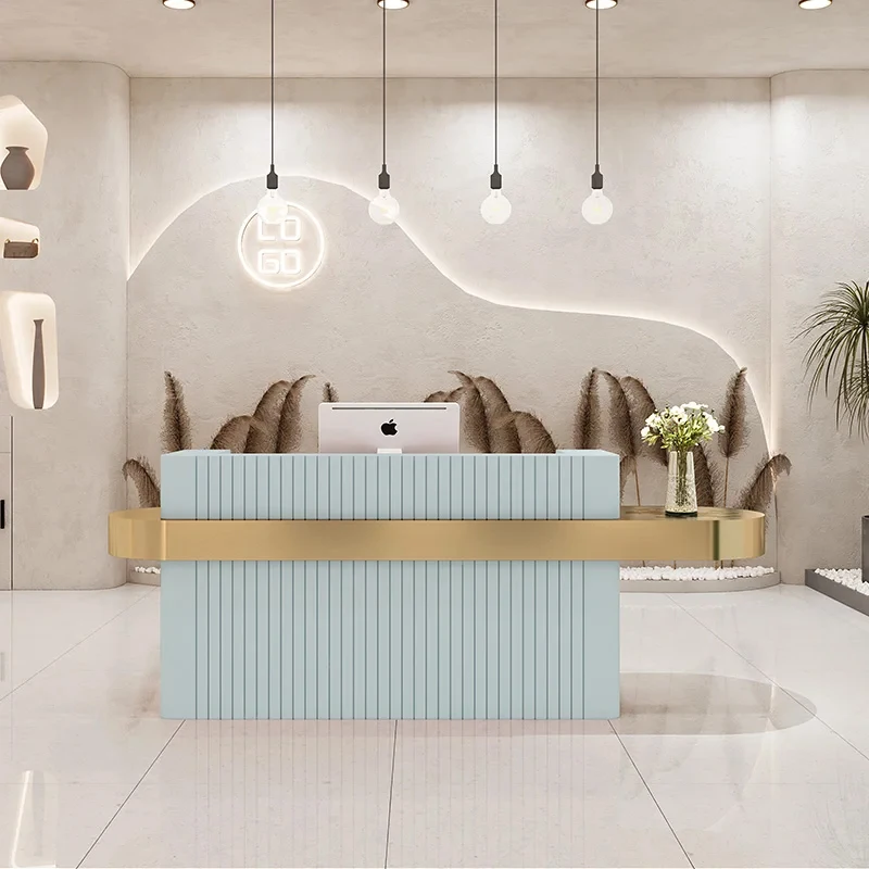 Exquisite Modern L Shaped Slim Profile Small Round White Gold Reception Counter Design for Sophisticated Spaces