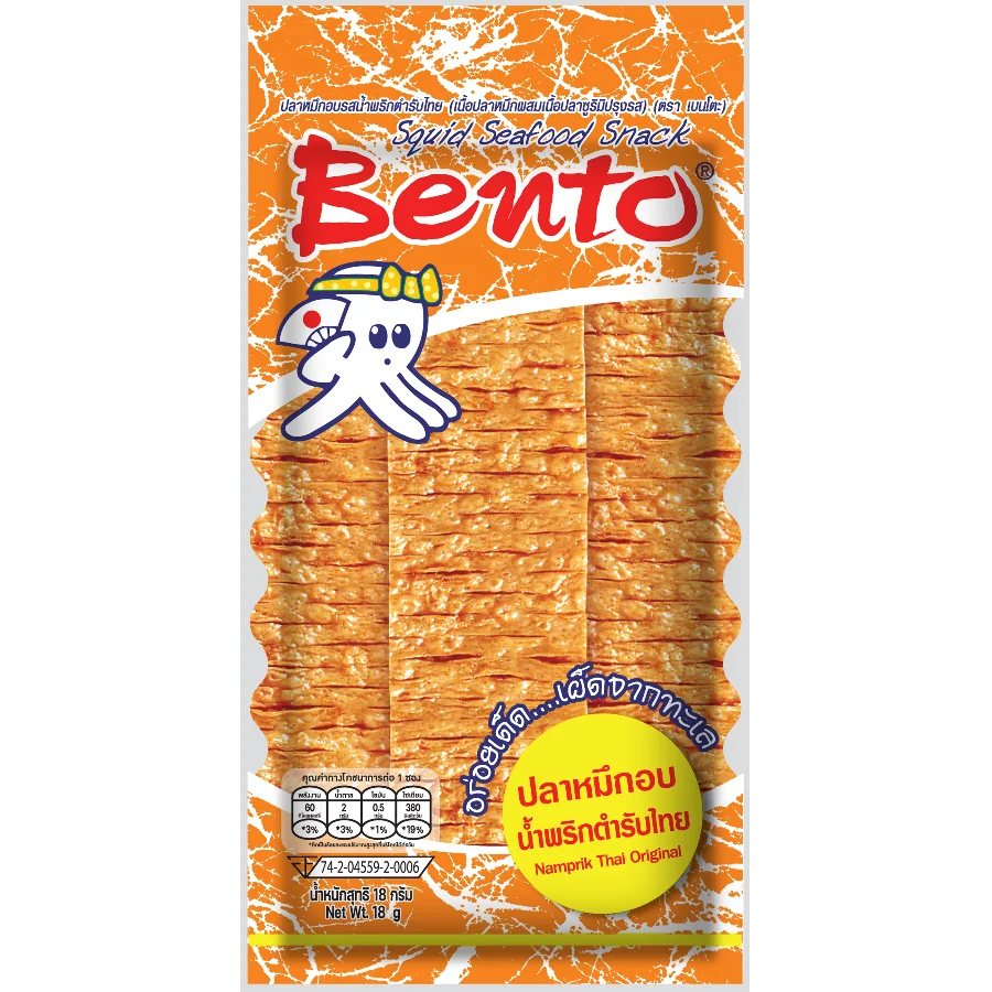 Закуска из морепродуктов кальмар Bento (Namprik Thai Original), оранжевый пакет 20 г. Оптовая продажа дешевых товаров из Таиланда