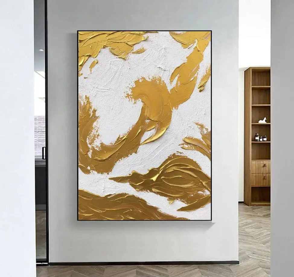 Large Minimalist Gold Oil Painting on Canvas Modern Gold Foil Texture Acrylic Painting Living Room Wall Art Home Deco