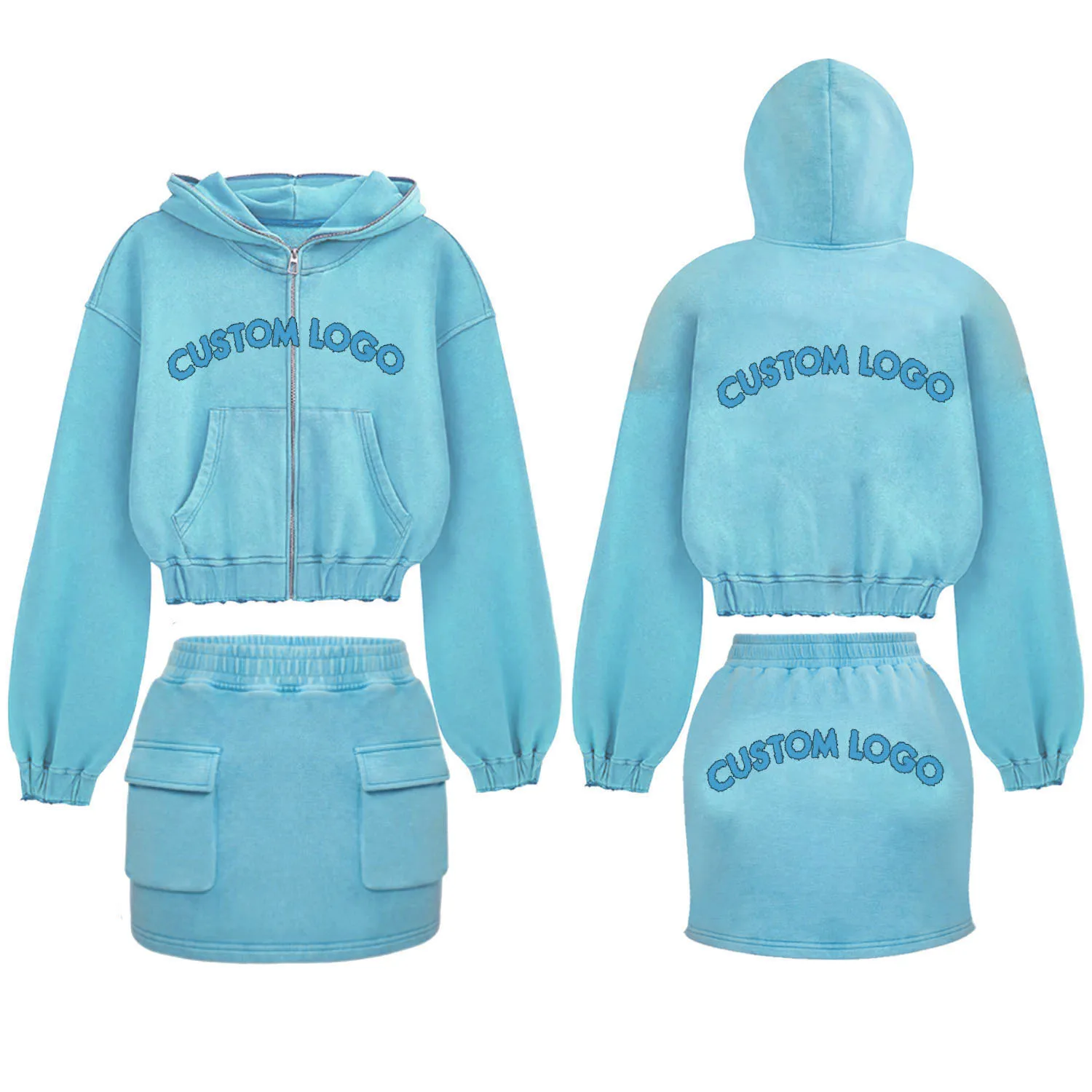 Womens Clothing Sexy Ladies Long Sleeve Crop Top Hoodie and Skirt Suits Solid Color Two Piece Long Skirt Set Plain Dyed