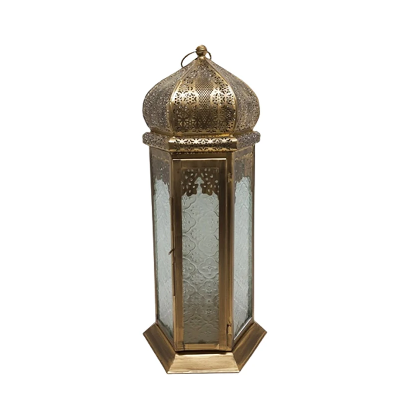 Wedding Decorative Glass & Iron Promotional Moroccan Lantern With T-Light Holder Large Size Gold Colour for Home Decoration