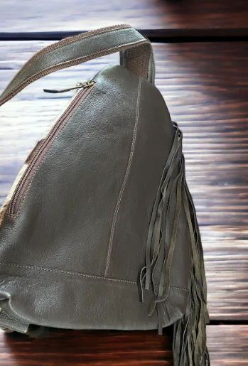 One Side Long Leather Fringed Front Cross Body Shoulder Bag Ladies Crossbody Shoulder Bag With Antic Brass Hardware