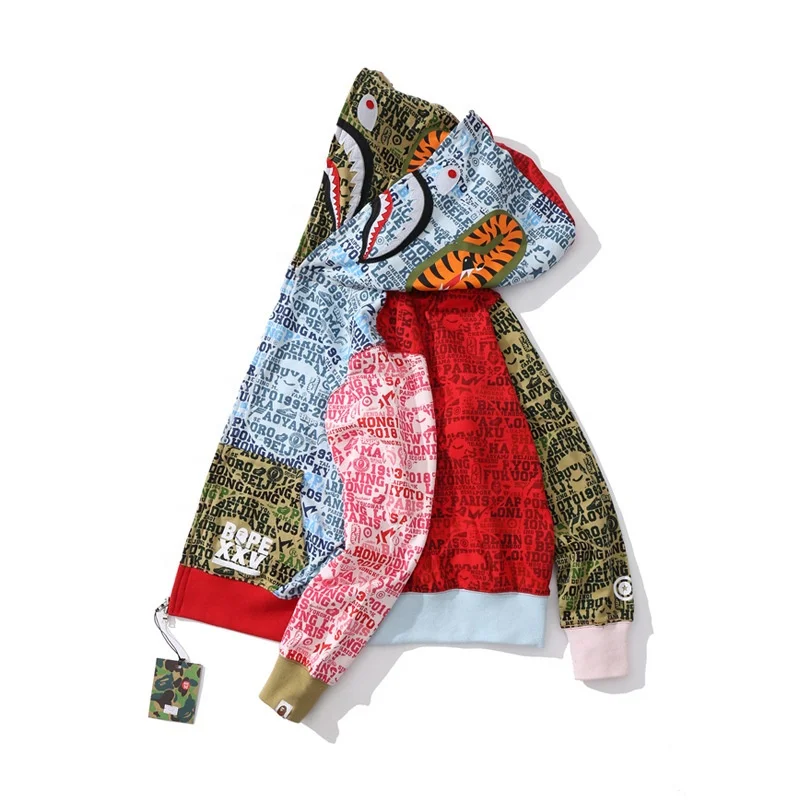 Custom hoodie manufacturer 4color stitching double-hat sweater double-headed bape shark hoodie personalized hoodie