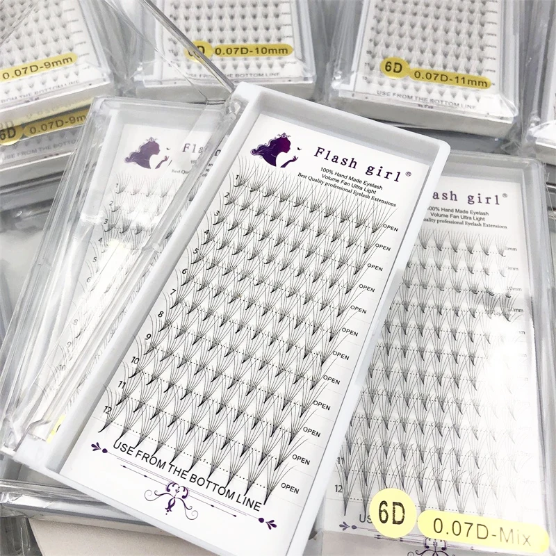 Wholesale 5D-10D 0.05mm-0.07mm Long Thin Stem Premade Flash Girl Fan Eyelash Extensions Private Label Russia Volume Lashes Fans