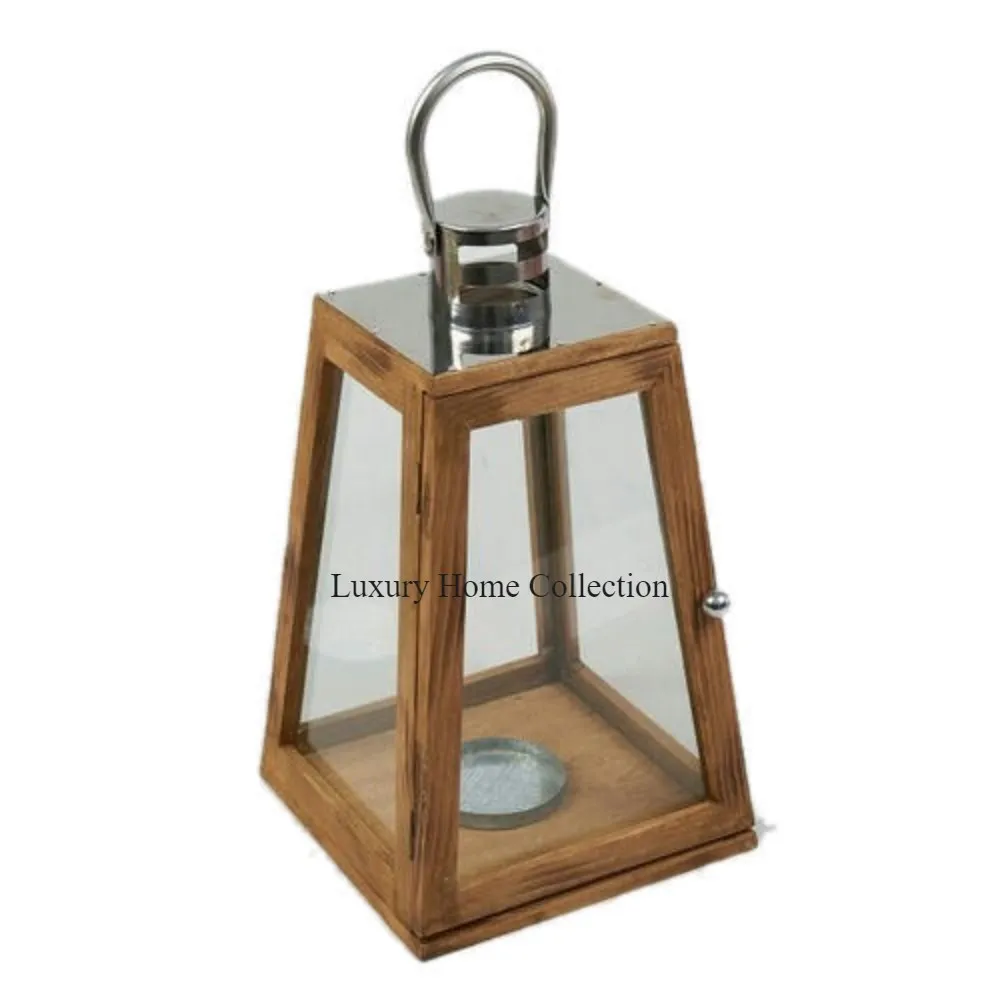 Luxurious Design Metal And Wooden Candle Lantern Holder Stainless Steel Top Lid And Handle Shiny Polished Candle Wax Votive