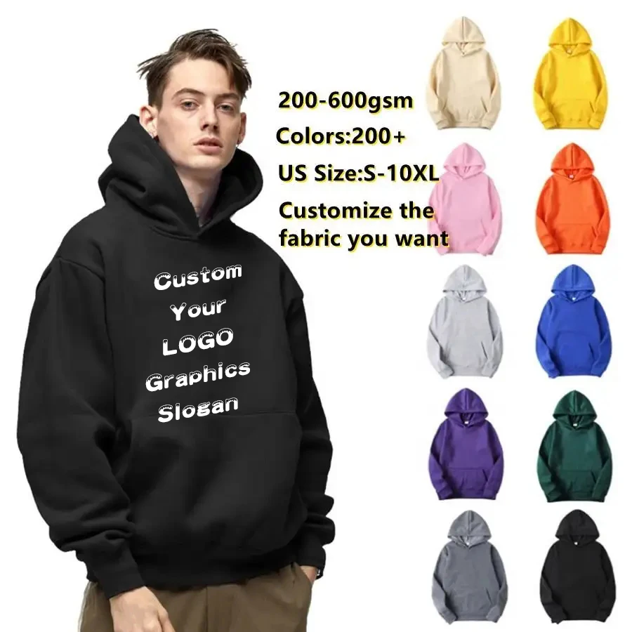 Eco Private Logo Custom Screen Print Unisex Hoodie Set 100% Cotton Fleece Plain Color Oversized Sweatshirts Hoodie