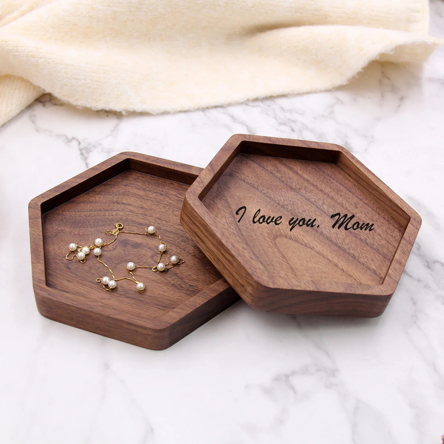 Hexagon Walnut Wood Tray Key or Ring Dish Gift to Her