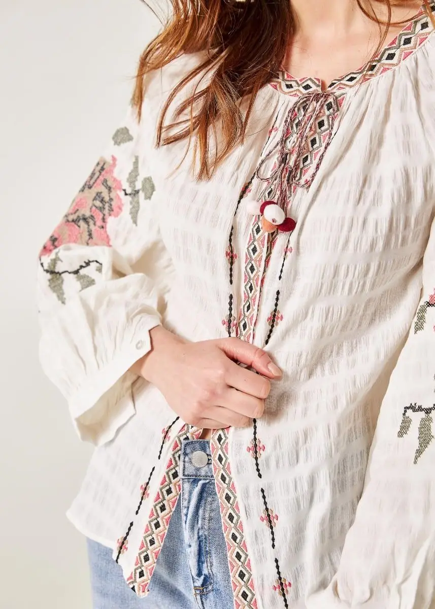 machine floral embroidered full sleeves open front round neck with drawstring casual tunic top for women