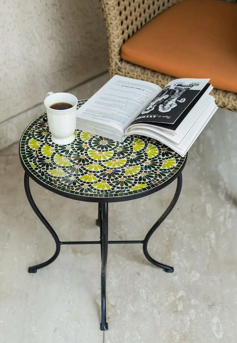 Glass Mosaic Round Side Table End Table with Floral Pattern Coffee Table Modern Home Decor Family Gift At Best Prices